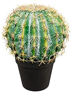 kunstpflanzen-discount.com Künstlicher Goldkugelkaktus 26cm mit 20cm Durchmesser und weichen PE Stacheln - Kleiner runder Kaktus im Topf