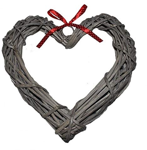 Red Hamper Wicker Wide Heart Wreath with Red Spotty Ribbon, H28 x W6 x D30cm