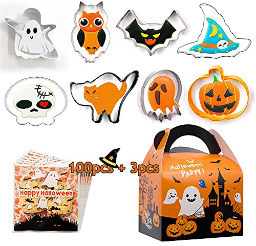 SNAILGARDEN 111 Stück DIY Ausstechformen + 100 Stück Halloween-Süßigkeiten-Tüten + Papier Keksbox, Edelstahl Ausstecher für DIY