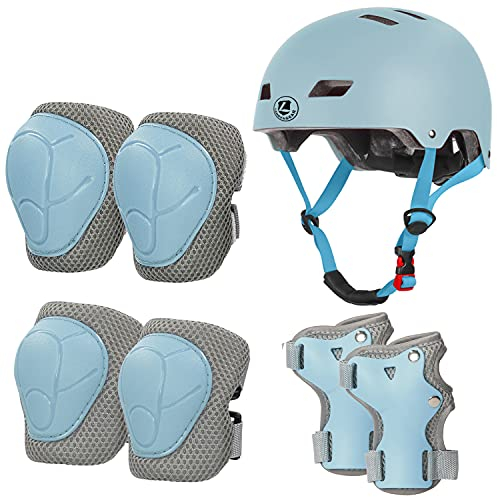 LANOVAGEAR Kinderhelm mit Knieschützern, Ellbogenschützern und Handgelenkschützern, 7-in-1-Schutzausrüstung Schonerset 2-8Jahre, für Skateboard, Fahrrad, Scooter, Rollschuh (Hellblau,S)