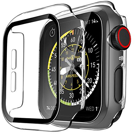 TAURI 2 Pezzi Cover PC Compatibile con Apple Watch SE 3/2/1/ Series 6 5 4 44mm, 9H in Vetro Temperato [Tocco Sensibile][HD Clear] Sottile Rigida Custodia per iWatch 44mm - Trasparente