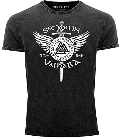 Neverless® Herren Vintage Shirt See You in Valhalla Schwert Runen Odin Vikings Printshirt T-Shirt Aufdruck schwarz L