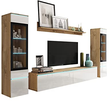 Mirjan24 Wohnwand Doppo II, Schrankwand, griffloses Öffnen, Anbauwand, Fernsehschrank, Mediawand, Wandregal, TV-Lowboard, 2X Hängevitrine (Wotan/Weiß Hochglanz, mit weißer LED Beleuchtung)