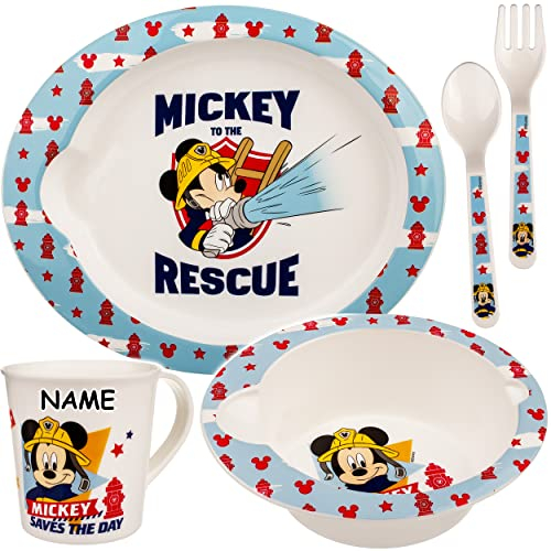 alles-meine.de GmbH 5 TLG. Geschirrset - Mickey Maus - inkl. Name - BPA frei - Trinktasse + Teller + Müslischale/Suppenschüssel + Löffel + Gabel - Mikrowellengeeignet - Baby & ..
