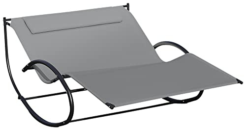 Outsunny Double Sun Lounger, Rocking Lounger Sunbed Daybed with Armrest and Headrest Pillow, for Two, For Outdoor Patio Garden, Grey