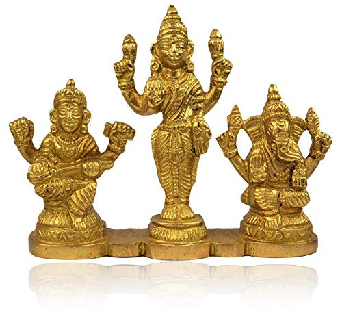 Ethnic Choice Products Brass Laxmi Ganesh Saraswati Idol/God Murti/Brass Goddess Laxmi Saraswati Ganesha Statue Success Good Luck Statues (Size 3.2 Inch Approx)