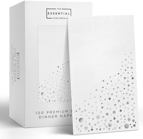 Stylish Silver Dinner Napkins - 100 White 3-Ply Disposable Party Napkins, 7.5 x 4.25 Inches for Birthday or Wedding | Soft 3-ply paper, foil-stamped detail, elegant place settings, receptions, holiday entertaining, birthdays and anniversaries