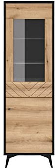 Mirjan24 Vitrine Dailan W54, Standvitrine mit 2 Türen und Fächer, Front gefräst, Glasvitrine für Wohnzimmer, Vitrineschrank (Schwarz/Eiche Evoke)