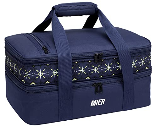 MIER Insulated Double Casserole Carrier Bag for Lasagna Lugger, Potluck Parties, Picnic, Beach, Fits 9 x 13 Inches Baking Dish, Casserole Dish, Expandable, Dark Blue