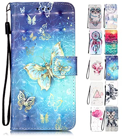 Leder Hülle für iPhone 7 8 SE 2020 6S 6 Tasche mit Kartenfach Muster Gitzer Schutzhülle Handyhülle Flip Case Klapphülle - Goldener Schmetterling