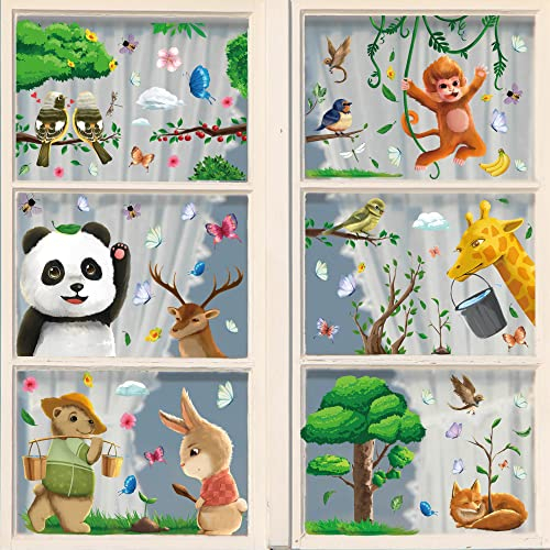 FullJoyHut Fensterbilder Frühling Selbstklebend, Vögel, Panda, Wald, Tier PVC Aufkleber Fenster Deko für Schlafzimmer, Klassenzimmer