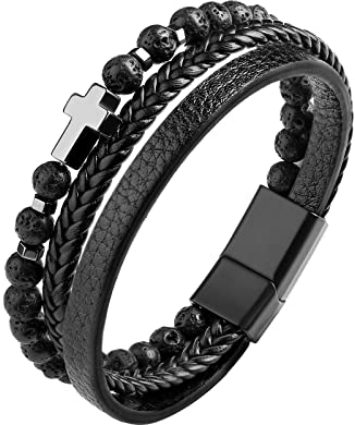 Dochais Bracciale Uomo, Bracciali In Vera Pelle Per Uomo, Bracciale Dell'Albero Della Vita Vichingo, Bracciale Intrecciato In Pietra Naturale, Con Chiusura a Calamita, Nero/Marrone (1Pz) (B, Nero)