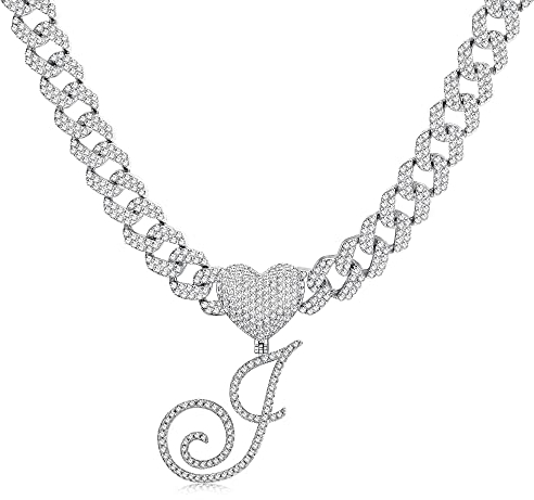 Milacolato Cuban Link Chain Buchstaben Ketten Kursive Gold Halskette Iced Out Kette Für Frauen Herren 18K VerGoldet Y2k Anhänger Choker Hip Hop Kette Namenskette Rapper Silber-J