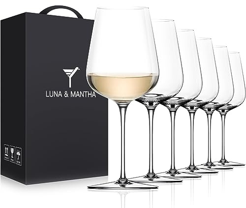 White Wine Glasses Set of 6, 14oz Crystal Hand Blown, Long Stem, Gift