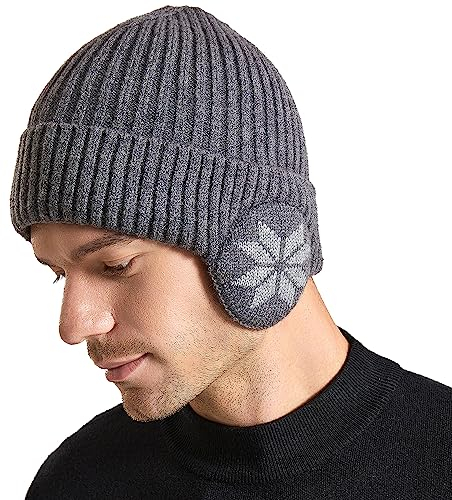 WANYIG Unisex Wintermütze Strickmütze Beanie Winter Mütze Warme Plain Hat mit 9cm Ohrenklappen für Damen und Herren(Dunkelgrau)