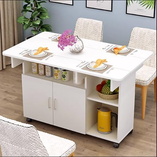 Gtzly Ausziehbarer Klappbarer Esstisch mit Abgerundeten Ecken, Drop-Leaf-KüChentisch mit 4 RäDern Und Lagerregalen/Schrank, Multifunktionaler Mobiler Tisch (Color : Wit, Size : 80 * 70 * 77cm)