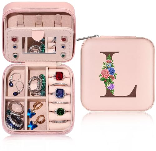 TINGN Geschenke Zur Einschulung für Mädchen Schmuckkasten Damen Reise Schmuckkästchen mit Namen Initiale L Schmuckkästchen Kleine Schmuckkasten Mädchen Damen Geschenk für Geburtstage Hochzeit