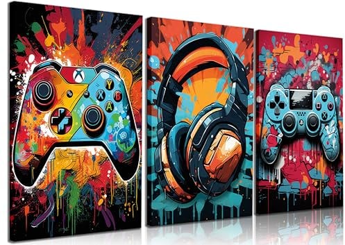 Cool Gaming Wall Art Retro Video Game Watercolor Poster Pictures Colorful Neon Gamepad Canvas Painting for Boys Room Kids Room Playroom Bedroom Boys Home Decor Ready