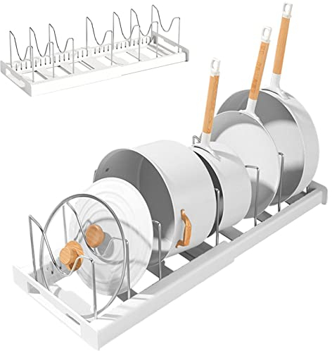 Shurzzesj Estante de almacenamiento para ollas, estante vertical flexible para ollas, organizador de ollas y sartenes expandible con 7 compartimentos ajustables para armario