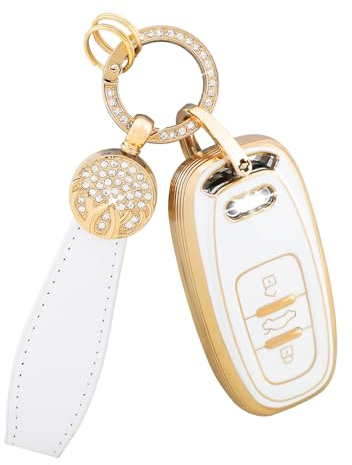 BLINGOOSE Autoschlüssel Hülle Cover für Audi 3 Tasten TPU Schlüsselhülle Shell Bling Schlüsselanhänger Auto Zubehör für Audi Q5 A4 A5 A6 A7 A8 RS5 RS7 S4 S5 S6 S7 SQ5 Girly Damen Weiß Silber Gold