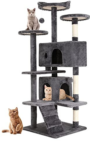 FDW Arbre à Chat Hauteur 139 cm Tour de Jeux pour Chat avec 2 Niches 3 Plateformes 2 Boules en Sisal Arbre à Grimper Multi-Niveaux Idéal pour 3-4 Chats Gris Clair