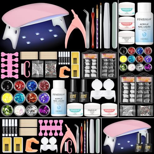 PEACECOLOR Acrylic Nail Kit with Lamp, 15 Colors Acrylic Powder and Liquid Set with Nail Tips Top and Base Coat Manicure Tools Complete Nail Acrylic Kit for Nail Extension Carving Home Salon DIY