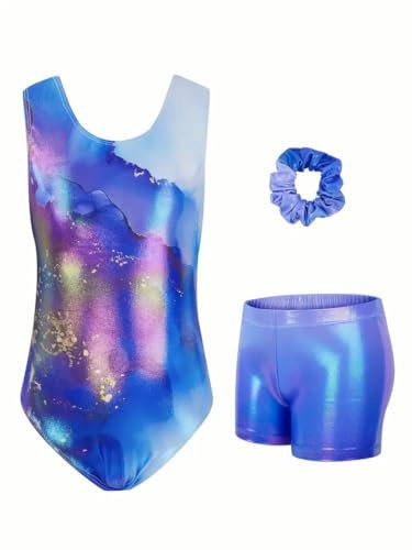 JiAmy Turnanzug Mädchen, Gymnastikanzug Kinder mit Hose Haarband Set, Glänzendes Gymnastik Turnanzug Leotard für 3-4 Jahre Blau Schillern