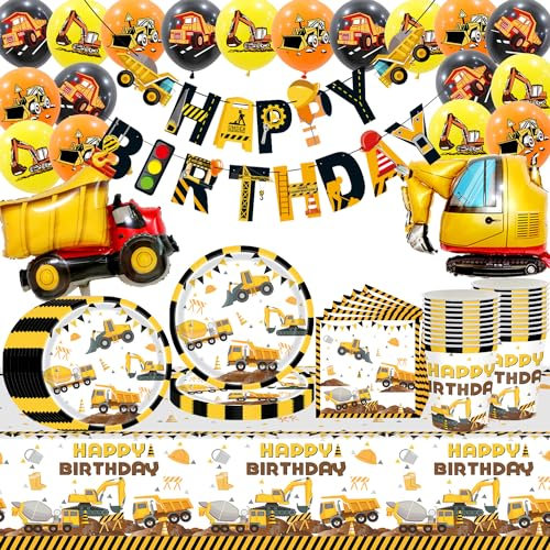 82Pcs Construction Birthday Party Tableware Set, Excavator Construction Truck Bulldozer Party Decoration Supplies, Includes Plates Cups Tissues Tablecloths Flags Balloons (20 Guests)