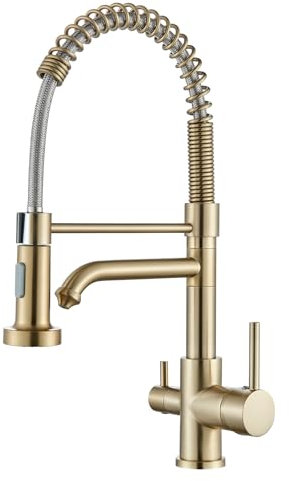 TVTIUO Rubinetto da Cucina, Rubinetto da Cucina a 3 Vie con Filtro Dell'acqua, con Doccetta Estraibile, Rubinetto in Ottone con Beccuccio Girevole a 360 Gradi (Oro Spazzolato)