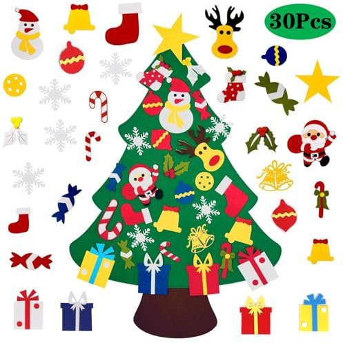 Filz Weihnachtsbaum, 30 Stück Weihnachtsbaum Abnehmbaren Ornamente, DIY Weihnachtsbaum, 100x70cm, Geeignet für Weihnachten Geschenk, Weihnachtsspiel, Home Tür Wand Dekoration