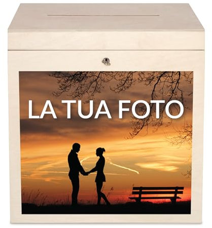 Creative Deco Scatola Personalizzata Porta Buste in Legno per Matrimonio | 29 x 25 x 30 cm | Salvadanaio non Apribile con Coperchio, Serratura e Chiave | Scatola con la tua Foto, Cassetta Porta Carte