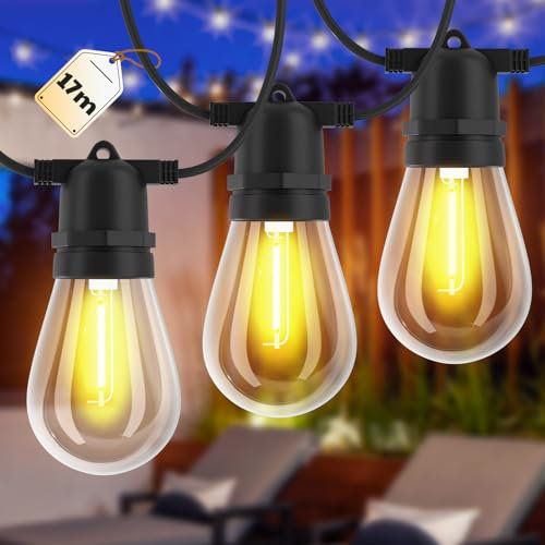 Velway LED Outdoor String Lights - Mains Powered 17M/55.7FT IP65 Waterproof 15+1 Shatterproof Bulbs Garden String Lights with Plug for Indoor Outside Tree Yard Patio Party Wedding Christmas Decoration
