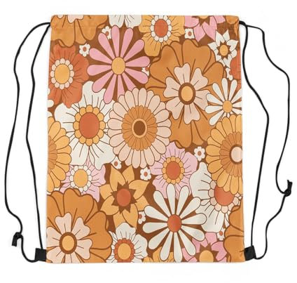 Loussiesd Retro Hippie Blume Turnbeutel 30x40cm 60S 70S Groovy Floral Drucken Gymsack Sportsackative Vintage Pflanze Floral Blossom Sportbeutel Braun Rucksack mit Kordelzug