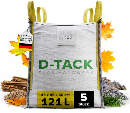 D-TACK 5x Big Bag | 45 x 45 x 60 cm | Säcke für Bauschutt, Holz, Laub, Kies, Sand, Erde, Gartenabfall, Grünschnitt, Pellets | 2 Schlaufen für Kran & Stapler | 500 kg | Witterungsbeständig