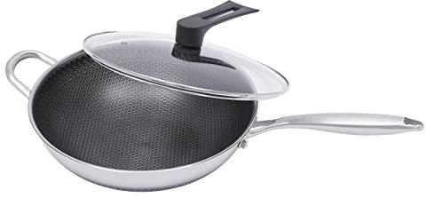 Silber Induktions Wokpfanne mit Deckel, 1L Kratzfeste Edelstahl Wok Pfanne mit Konvexe Wabenbeschichtung, für Braten, Dämpfen, Kochen