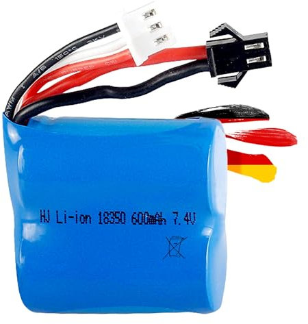 7.4V 900-mAh 18350 Lithium-Ionen Akku, Li-Ion Akkupack Batterie SM-2P Stecker für RC ferngesteuertes Speed-Boot, Auto, kompatibel mit Skytech H100, H102, H106, H120, JJRC, Rayline R906, Syma Q2, Q3