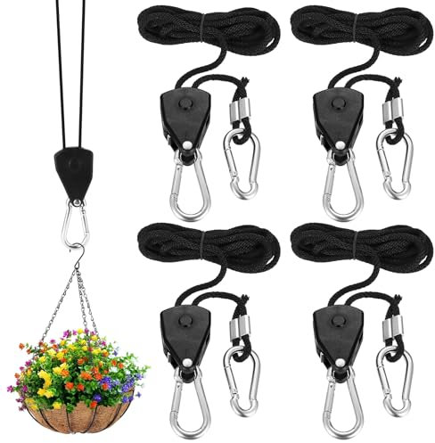 4 Set Cuerda de Trinquete de Cuerda con Gancho, 2M 1/8 Rope Ratchet Trinquete para Cuerda Trinquete Colgador Ajustable de Suspención para Cuerda de Carraca Lámpara de Planta Jardín