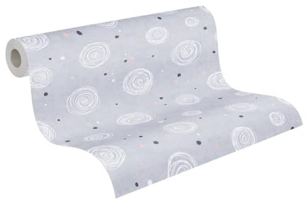 A.S. Création Kinderzimmer-Tapete Lilly & Luis - Strapazierfähige Vliestapete in Kreise-Optik - 10,05 m x 0,53 m - Grau, Rosa, Weiß - Made in Germany – 771391