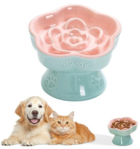 MEETOZ Raised Slow Feeder Cat Bowl, Ceramic Elevated and Cat Food Bowl Small Dogs Slow Feeder Bowl, Flower Shaped Cute Cat Bowl for Dry and Wet Food (Pink, 5.8)
