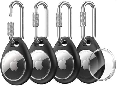 UNBREAKcable Support pour Apple AirTag (Lot de 4) - Coque TPU avec Mousqueton Verrouillage Rotatif en Acier Inoxydable 304, Anti-Perte, Étanche, Ajustement Parfait, Noir