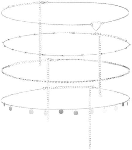 HJZHII 4 stycken magkedja silver, belly kedja, justerbar magkedja kroppskedja midjepärlor kroppskedja midjekedja belly midja kedja set för kvinnor flickor bikini tofs