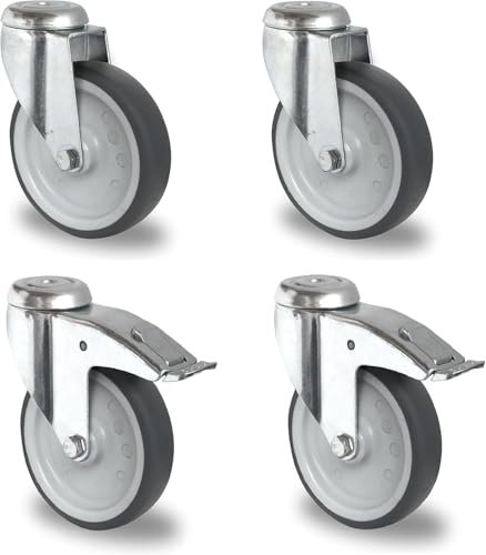 Rollensatz 125 mm – 4er-Set Apparaterollen – 2 Lenkrollen mit Bremse, 2 ohne – Polypropylen spurlos – Gleitlager – 300 kg dyn. Traglast – Rückenloch-Befestigung