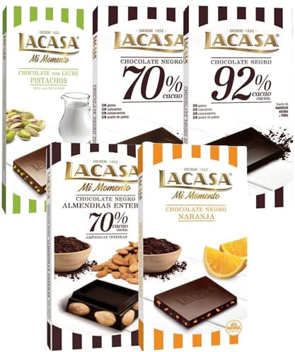 Pack Lacasa 5 deliciosas tabletas de chocolate de distintos sabores y tamaños: naranja ,leche pistacho 90g ,negro ,cacao 92% , almendra 200g