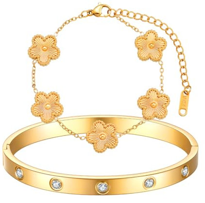 AOWVUTS 2 Stück Kleeblatt Armband Damen 18K Vergoldet Vierblättriges Kleeblatt Armbander Liebe Freundschaft Armband Zirkonia Armreif Edelstahl Verstellbare Armbander Set Geschenk für Frauen (Gold)