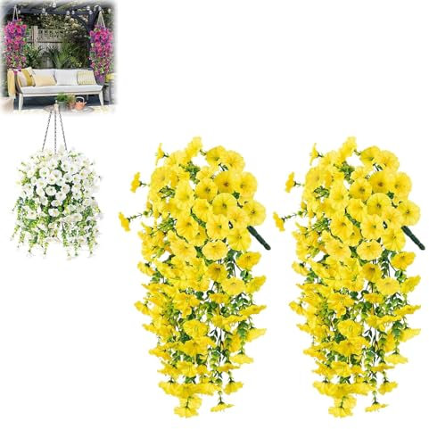 2pcs 75cm Artificial Hanging Flowers UV Resistant Fake Flowers Artificial Plants Outdoor Flower Bouquet Vine Plants Drooping Plants for Home Wall Garden Wedding Indoor Outdoor Decor (yellow)