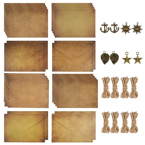 40 Stück Briefpapier mit Umschlag, Set Vintage Briefpapier mit 8 Kraftpapier Vintage-papier Briefumschläge, 16 Briefpapier,8 Retro Schlüsseln, 8 Hanfseilen, für Love Letter, Hochzeit, Geburtstag