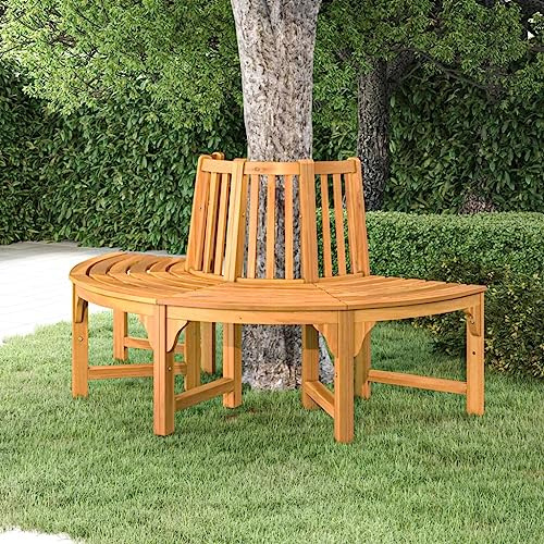 HUAKEHOM Baumbank Halbrund Outdoor Sitzbank Bank Gartenbank mit Rückenlehne Holzbank Parkbank Ø160 cm Massivholz Eukalyptus Holz