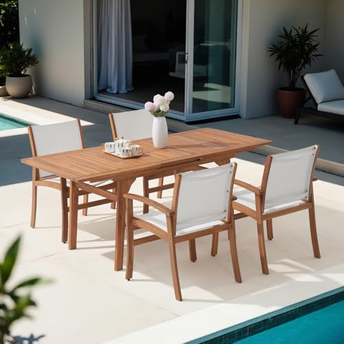 OC Orange-Casual Gartengarnitur mit 4 Stühle,Akazienholz Esstisch-Set für 3–4 Personen, Ausziehbarer Gartentisch mit Stühlen,Schirmloch und atmungsaktivem Textilene-Gewebe für Garten & Terrasse,Weiß