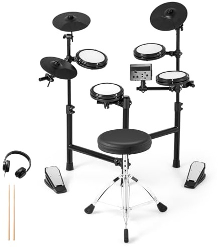 COSTWAY Electric Drum Kit, Electronic Drum Set with 150 Sounds, Metronome, 2 Pedals, USB MIDI, Headphone, Sticks, 5-Level Adjustable Stool