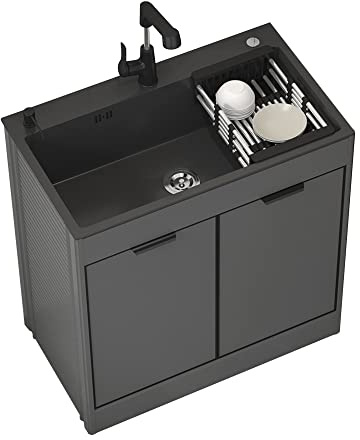 Evier Exterieur Meuble Sous Cuisine Noir évier en Acier Inoxydable 304 1 Bac avec combiné ensemble d'armoires murales robinet et rangement pour intérieur extérieur (Col